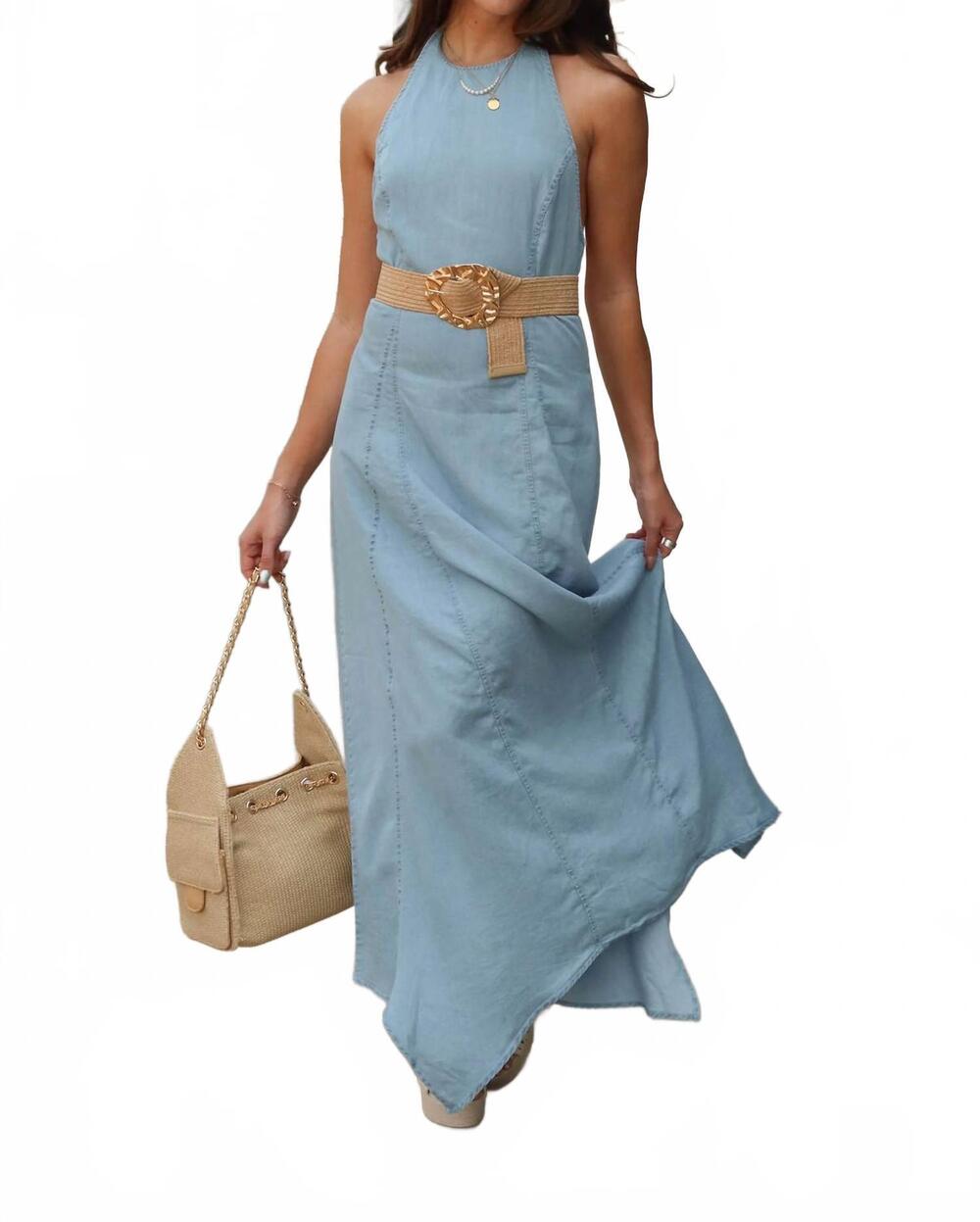 NEW EVERLEIGH mabel halter maxi dress in blue chambray
